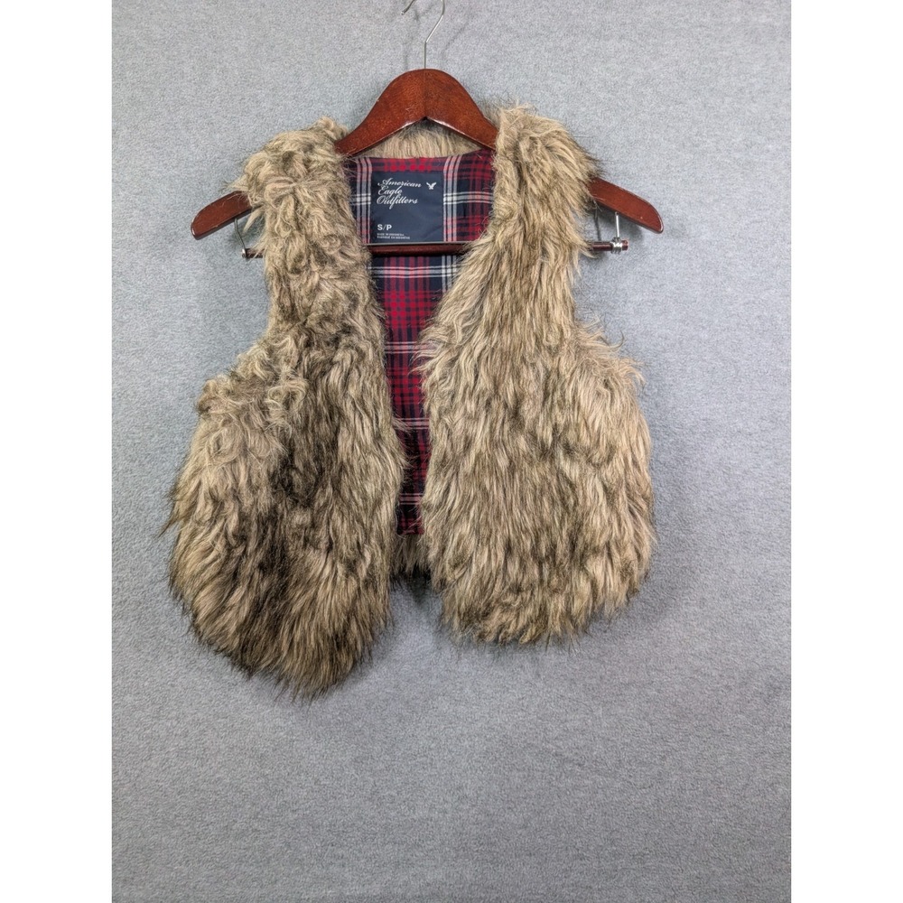 American Eagle Outfitters Faux Fur Vest Women's S Y2K Retro Boho Plaid Lined